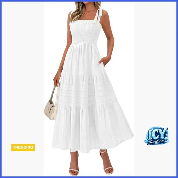 Cotton Boho Maxi Dress Spaghetti Strap Smocked A-Line Sundress - Picture 1 of 7